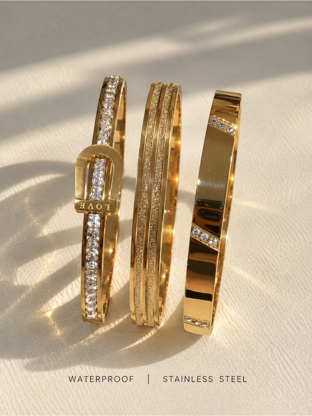 Gold Stainless Steel Women's Bracelet Set with Crystals